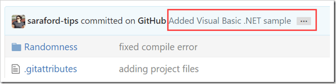 VB sample code commit message shown 