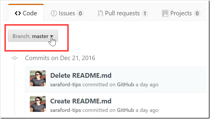 Branch switcher dropdown button at top of commits list page