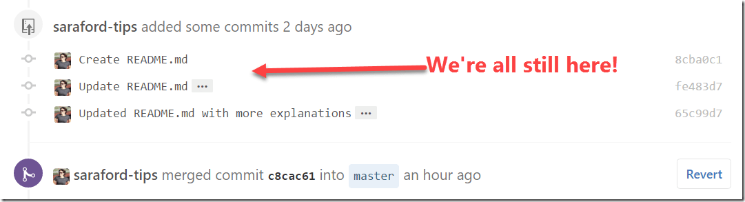 commits are still listed in the Pull Request after merge
