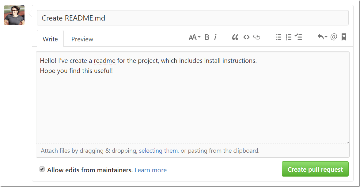 Open Pull Request form filled out like an email introduction