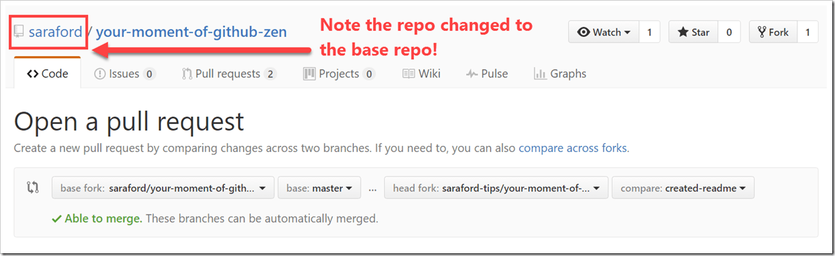 Pull Request form showing merging created-readme branch into base fork master branch