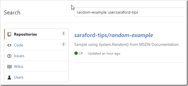 searching for random-example user:saraford-tips in all github.com