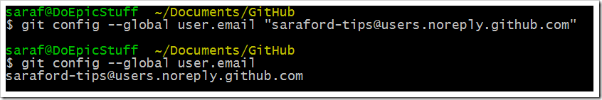 git bash showing --global user.email changed