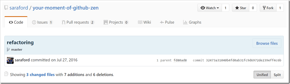 commit displayed on github
