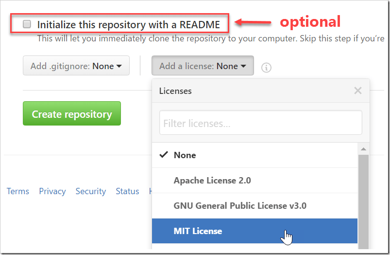adding MIT License without the Initialize this repo with a README checked