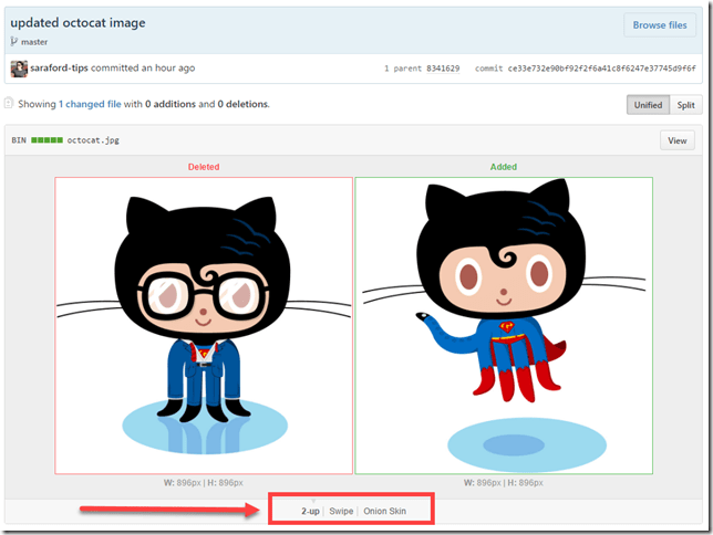 commit diff showing how the octocat as Clark Kent has changed into the octocat as Superman w a 'G' logo