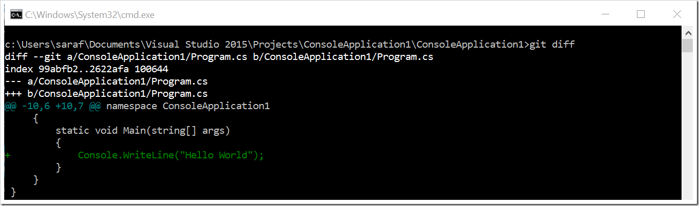 command line showing "git diff"