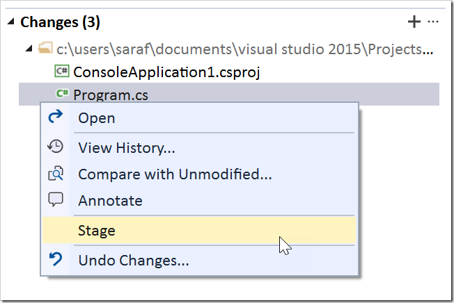 Stage in Team Explorer