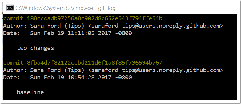 git log shows two commit histories as expected