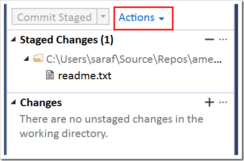 Actions button in Team Explorer