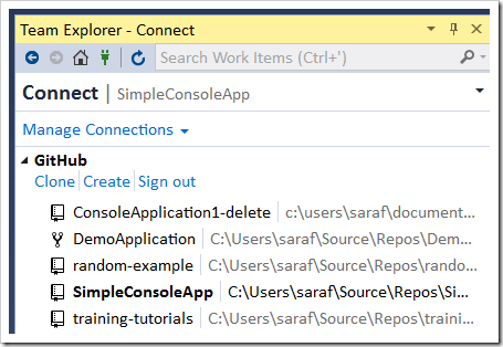 Team Explorer - Connect showing connected to SimpleConsoleApp repo