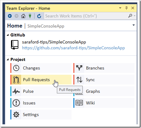 Team Explorer - Home - Pull Requests button being clicked
