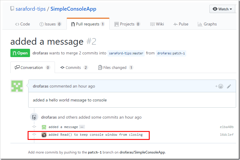 pull request page showing the new commit