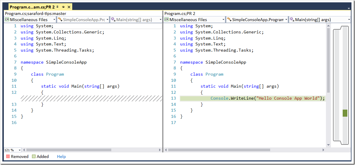 VS showing the diff between the two files