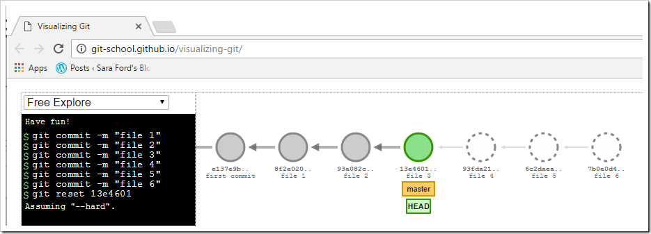 git visualization showing head and master at file 3
