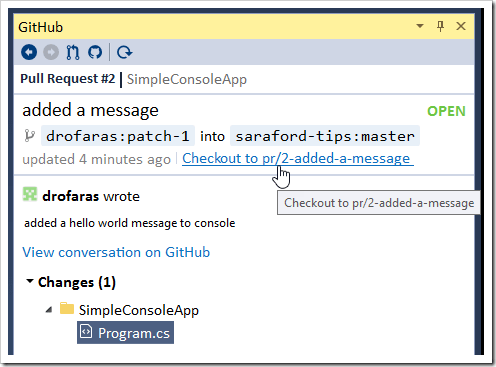 Checkout to pr/2-added-a-message being clicked in GitHub tool window