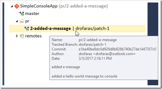 Team Explorer - Branches showing the pr branch checked out