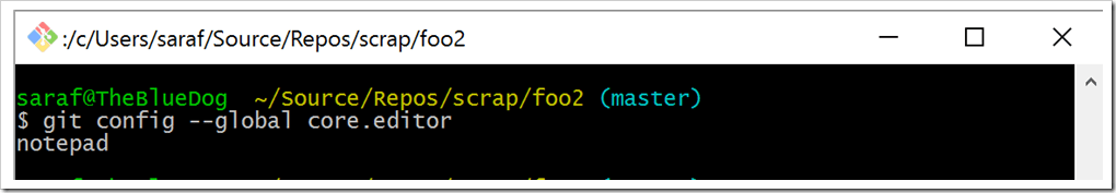 git config --global core.editor showing notepad