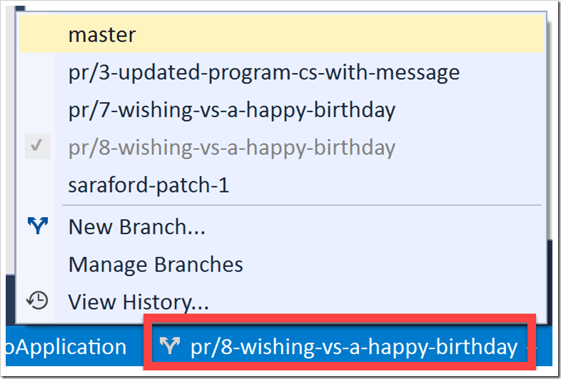 branches button shown in status bar w list of branches to checkout