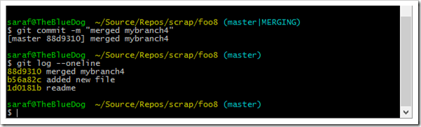 git commit -m "merged mybranch4" then a git log