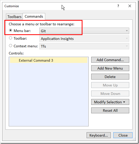Menu bar dropdown switched to Git
