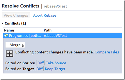 resolve conflicts window in Team Explorer
